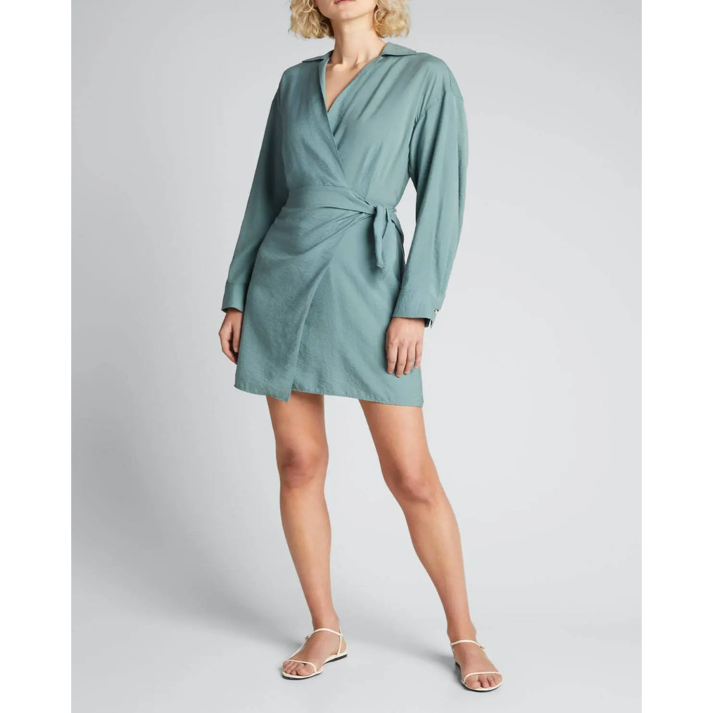 Vince Womens Dress XS Sage Green Wrap Shirt Dress Timeless Twill Minimal Luxury